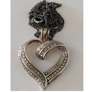 Vintage 2 Toned Sterling Silver Diamond Chip Open Heart Pendant.